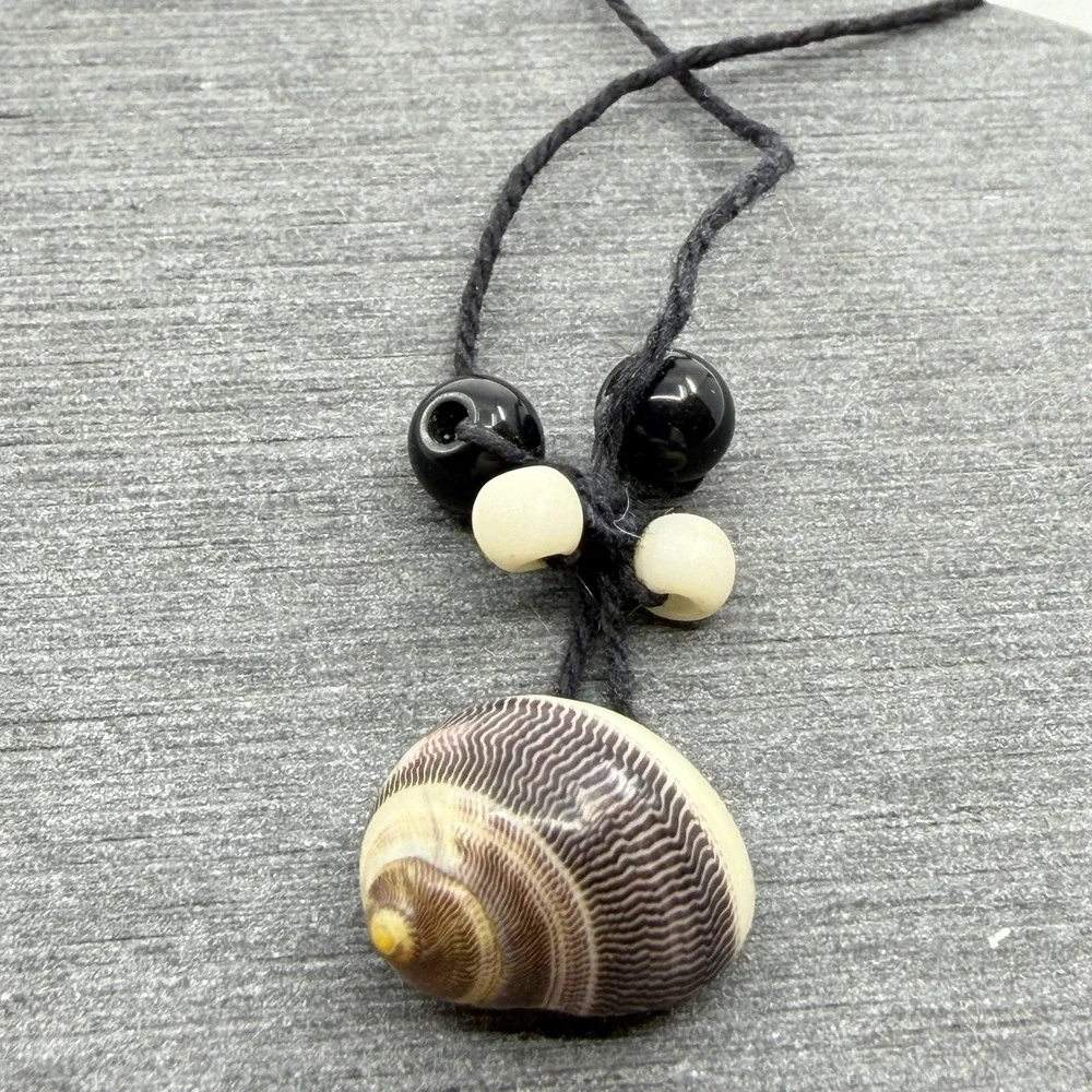 Natural Spiral Seashell Pendant Black Cord Beaded Coastal Boho Necklace Gift